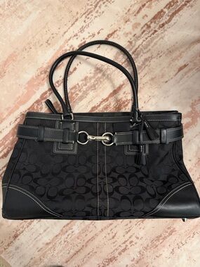 Coach Black Signature Jacquard Shoulder Tote with Silver Accent